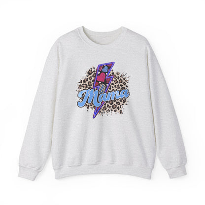 Mama-Lightening Bolt w/Hearts-Leopard Print- Blue Crewneck Sweatshirt