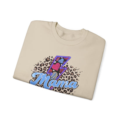 Mama-Lightening Bolt w/Hearts-Leopard Print- Blue Crewneck Sweatshirt