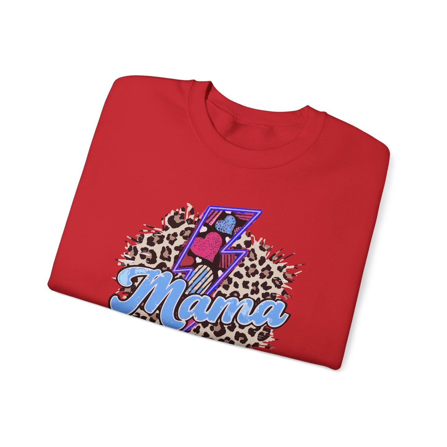 Mama-Lightening Bolt w/Hearts-Leopard Print- Blue Crewneck Sweatshirt