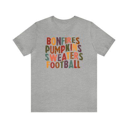 Distressed Bonfires, Pumpkins Sweaters Football Fall Vibes Short Sleeve Premium Tee