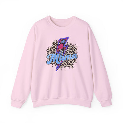 Mama-Lightening Bolt w/Hearts-Leopard Print- Blue Crewneck Sweatshirt