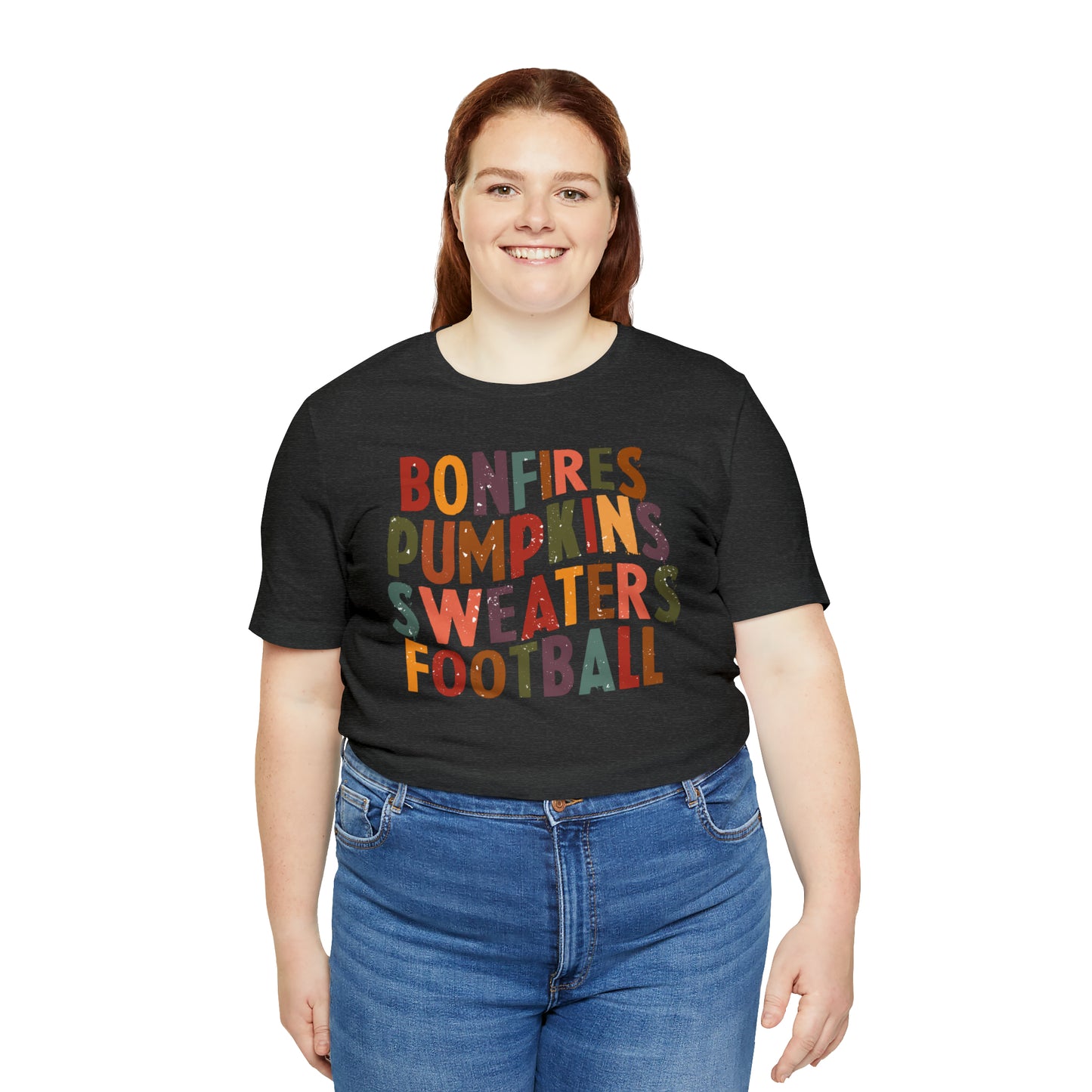 Distressed Bonfires, Pumpkins Sweaters Football Fall Vibes Short Sleeve Premium Tee