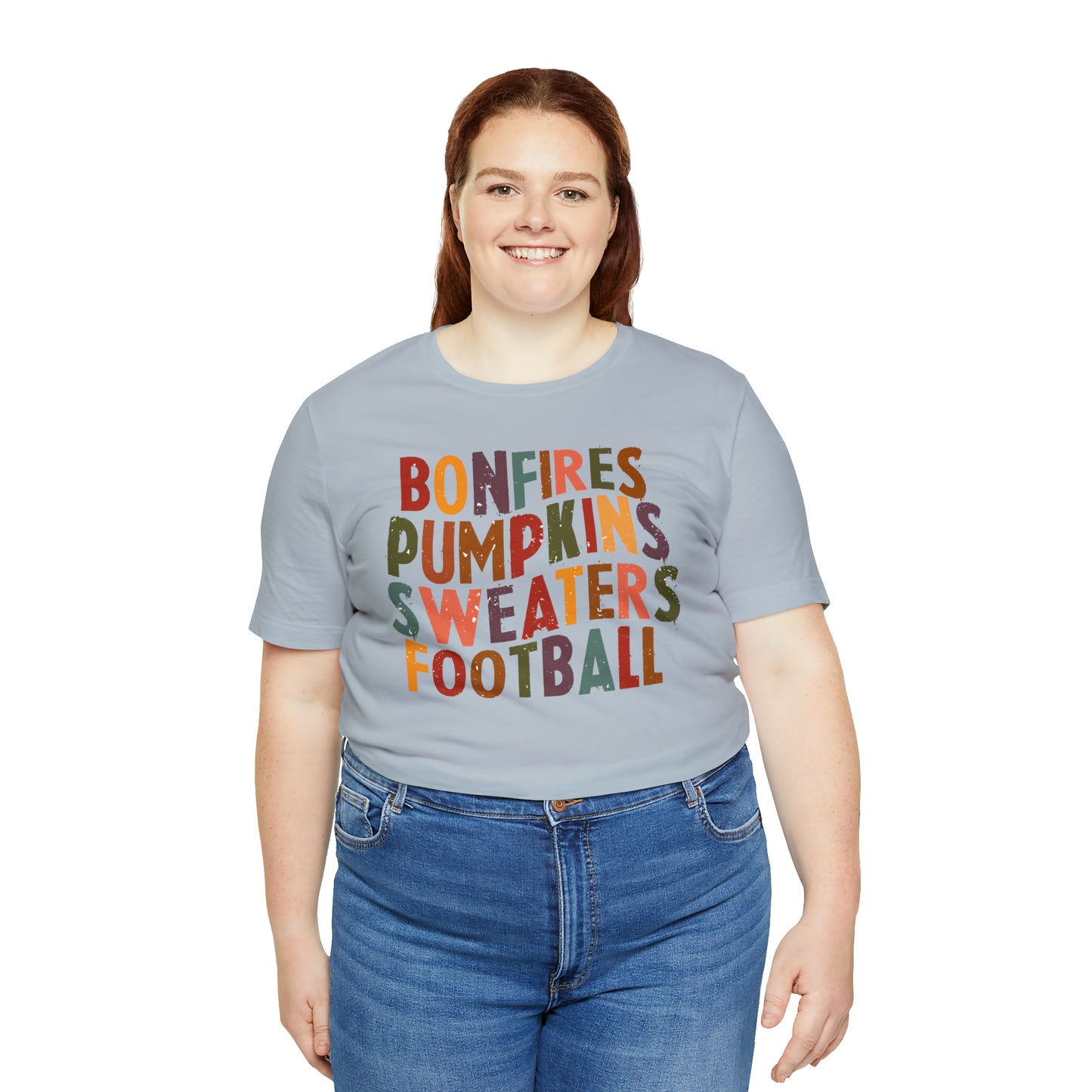 Distressed Bonfires, Pumpkins Sweaters Football Fall Vibes Short Sleeve Premium Tee