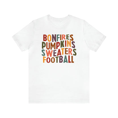 Distressed Bonfires, Pumpkins Sweaters Football Fall Vibes Short Sleeve Premium Tee