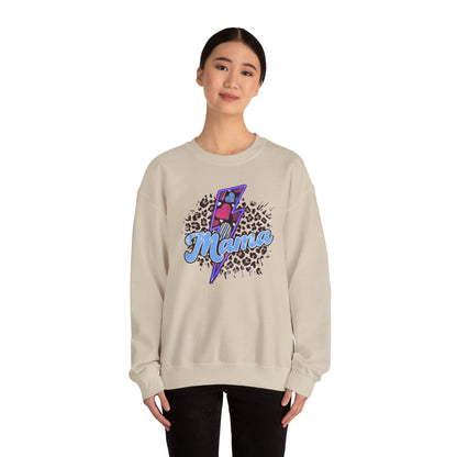 Mama-Lightening Bolt w/Hearts-Leopard Print- Blue Crewneck Sweatshirt