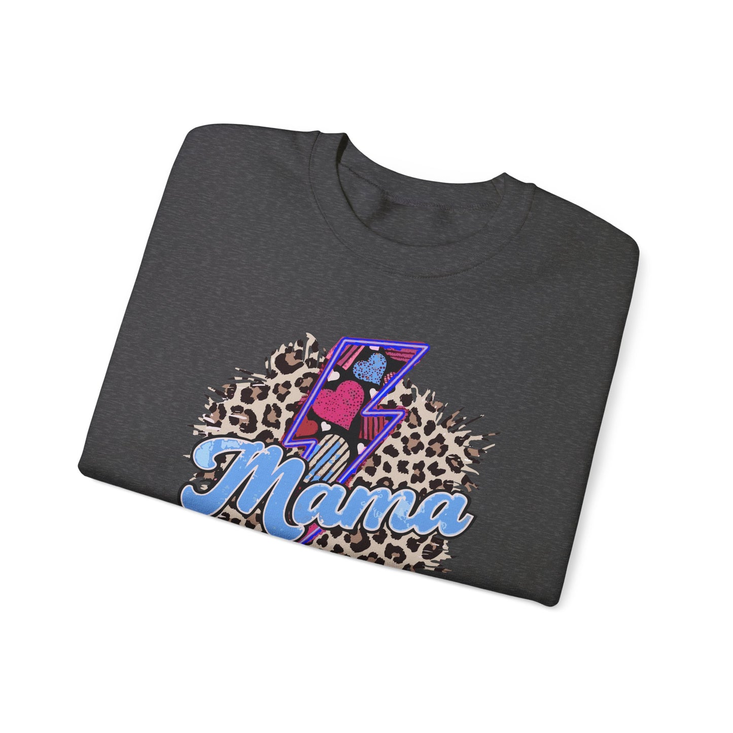 Mama-Lightening Bolt w/Hearts-Leopard Print- Blue Crewneck Sweatshirt