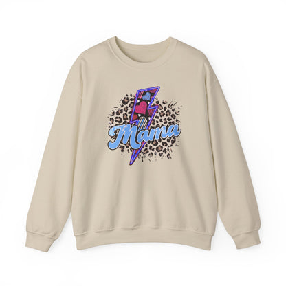 Mama-Lightening Bolt w/Hearts-Leopard Print- Blue Crewneck Sweatshirt