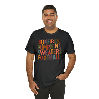 Distressed Bonfires, Pumpkins Sweaters Football Fall Vibes Short Sleeve Premium Tee