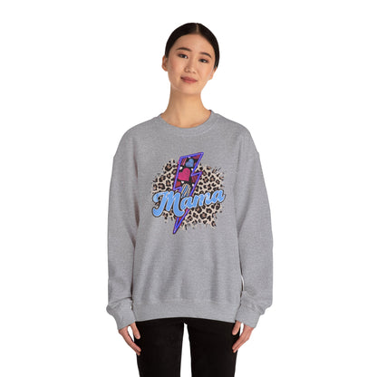 Mama-Lightening Bolt w/Hearts-Leopard Print- Blue Crewneck Sweatshirt