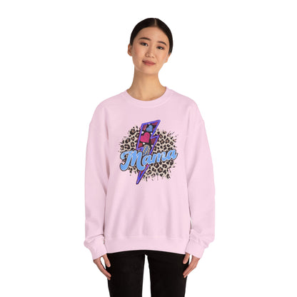 Mama-Lightening Bolt w/Hearts-Leopard Print- Blue Crewneck Sweatshirt