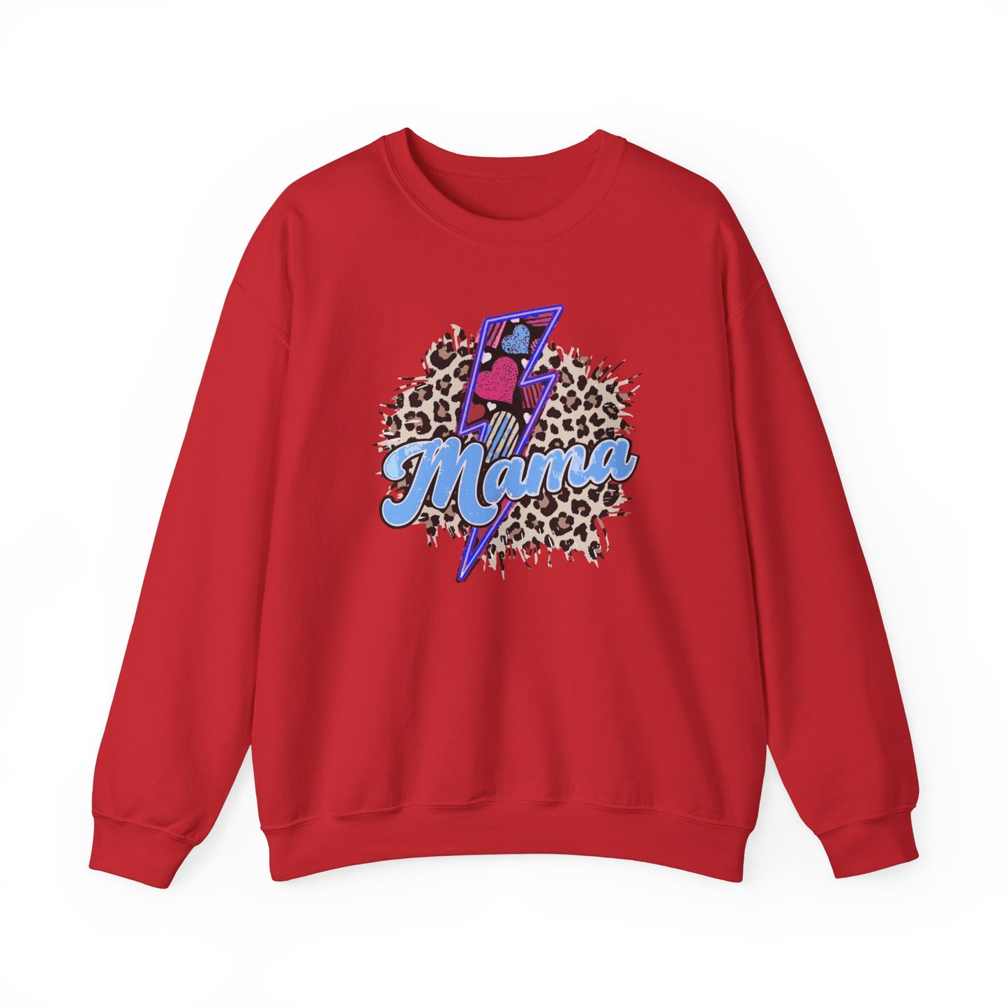 Mama-Lightening Bolt w/Hearts-Leopard Print- Blue Crewneck Sweatshirt