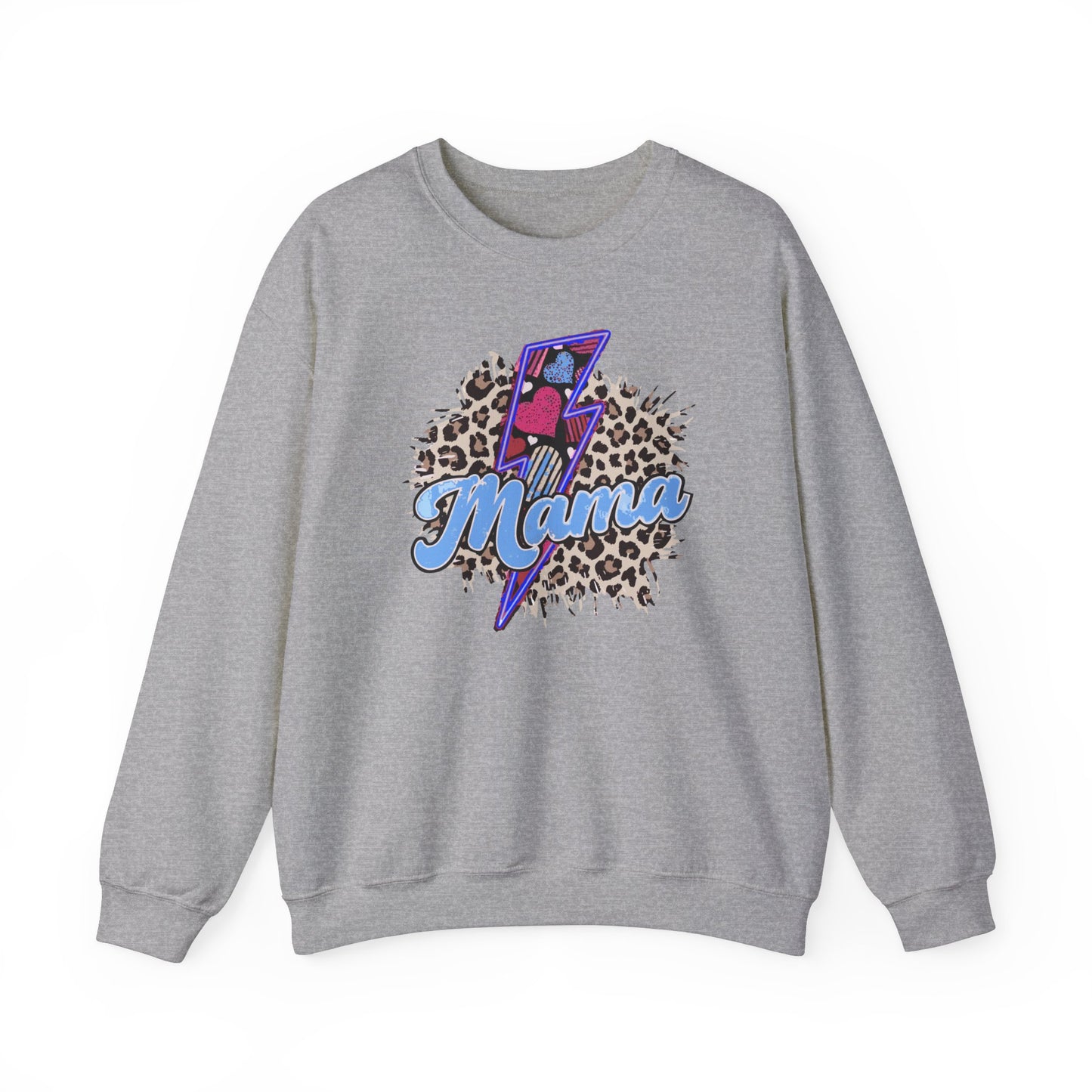 Mama-Lightening Bolt w/Hearts-Leopard Print- Blue Crewneck Sweatshirt