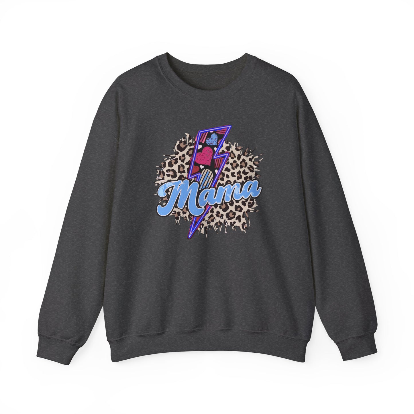 Mama-Lightening Bolt w/Hearts-Leopard Print- Blue Crewneck Sweatshirt