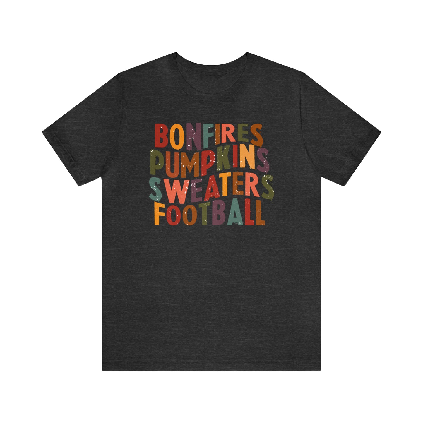 Distressed Bonfires, Pumpkins Sweaters Football Fall Vibes Short Sleeve Premium Tee