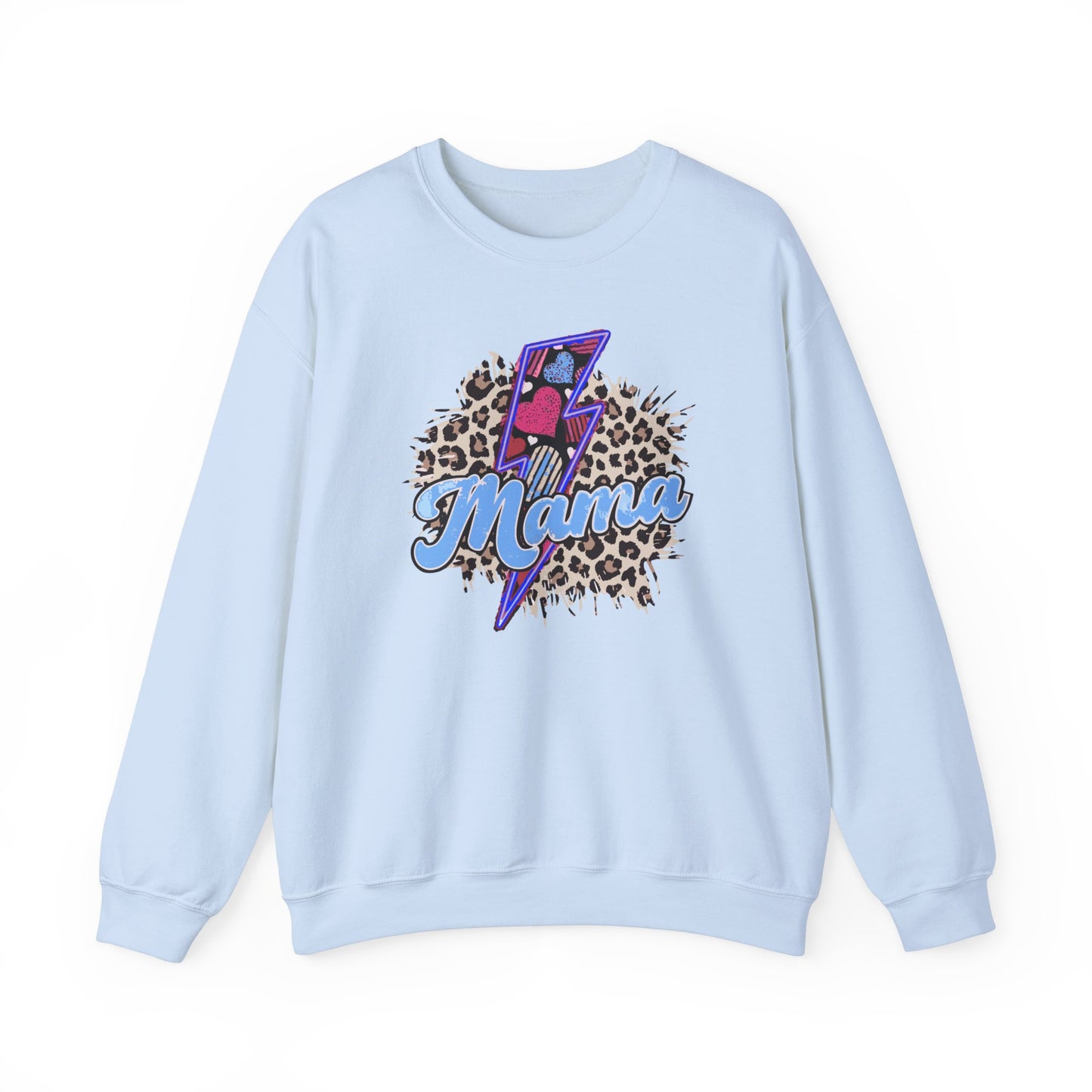 Mama-Lightening Bolt w/Hearts-Leopard Print- Blue Crewneck Sweatshirt