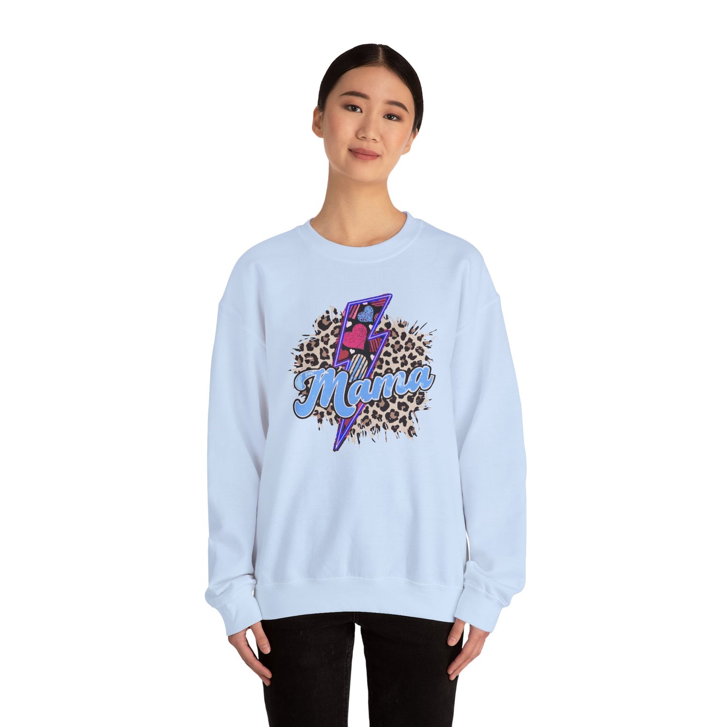 Mama-Lightening Bolt w/Hearts-Leopard Print- Blue Crewneck Sweatshirt