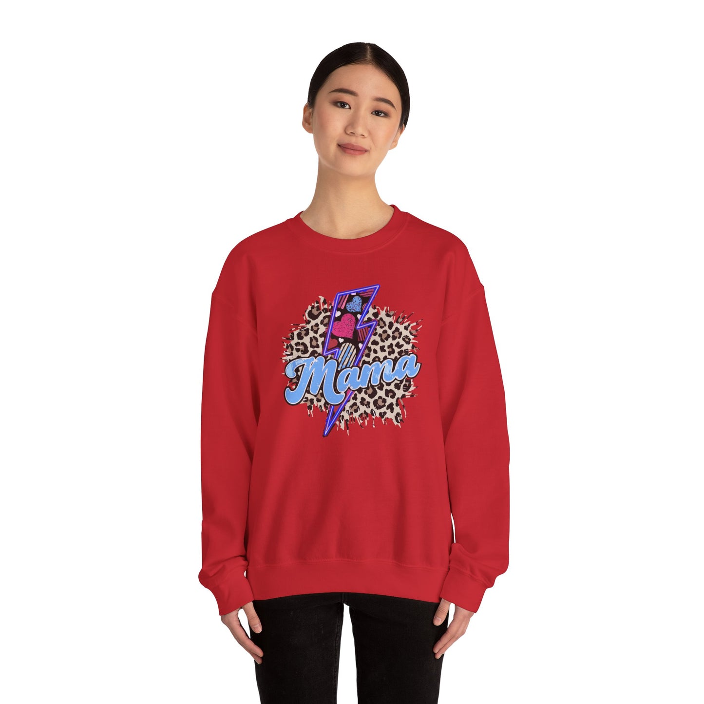 Mama-Lightening Bolt w/Hearts-Leopard Print- Blue Crewneck Sweatshirt