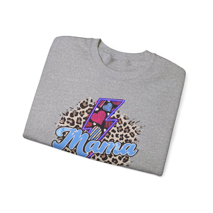 Mama-Lightening Bolt w/Hearts-Leopard Print- Blue Crewneck Sweatshirt