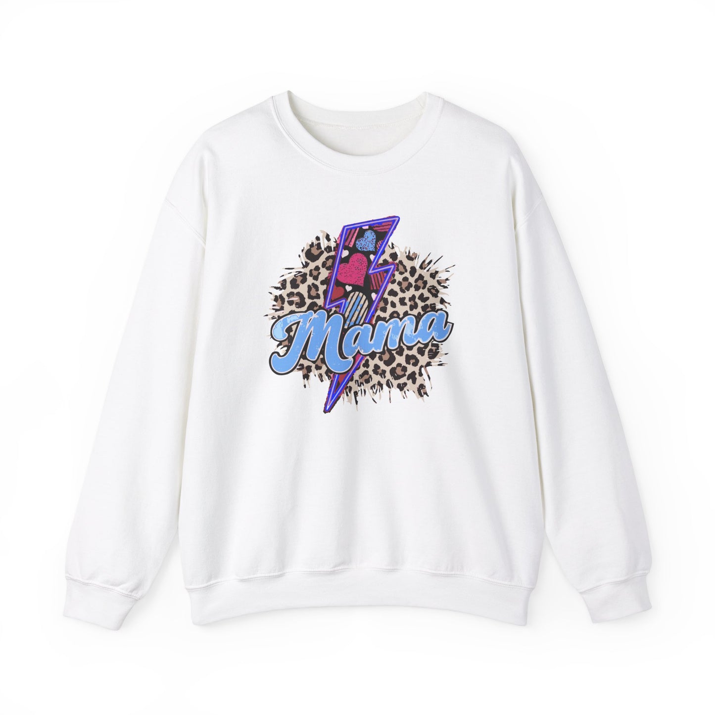 Mama-Lightening Bolt w/Hearts-Leopard Print- Blue Crewneck Sweatshirt