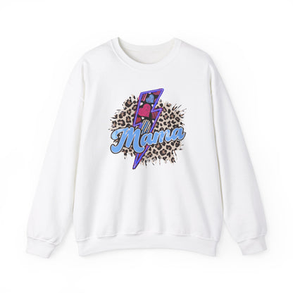 Mama-Lightening Bolt w/Hearts-Leopard Print- Blue Crewneck Sweatshirt