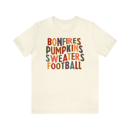 Distressed Bonfires, Pumpkins Sweaters Football Fall Vibes Short Sleeve Premium Tee