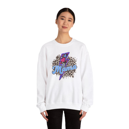 Mama-Lightening Bolt w/Hearts-Leopard Print- Blue Crewneck Sweatshirt