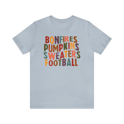 Distressed Bonfires, Pumpkins Sweaters Football Fall Vibes Short Sleeve Premium Tee