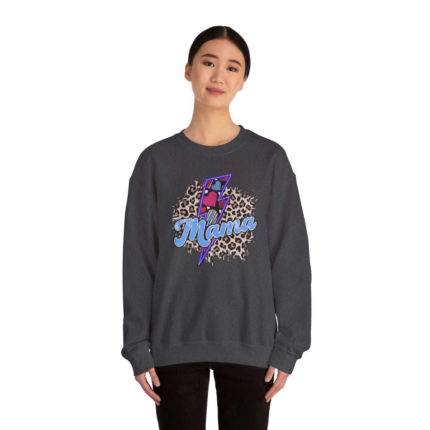 Mama-Lightening Bolt w/Hearts-Leopard Print- Blue Crewneck Sweatshirt