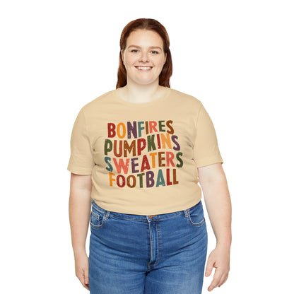 Distressed Bonfires, Pumpkins Sweaters Football Fall Vibes Short Sleeve Premium Tee