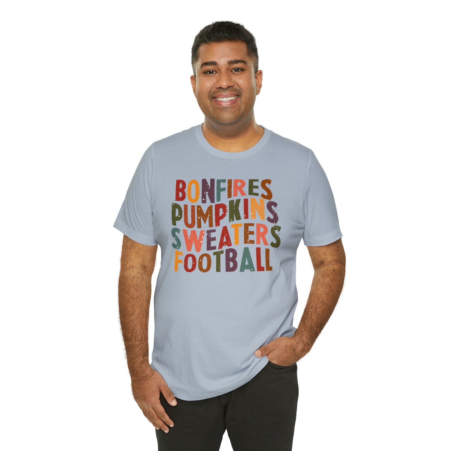 Distressed Bonfires, Pumpkins Sweaters Football Fall Vibes Short Sleeve Premium Tee