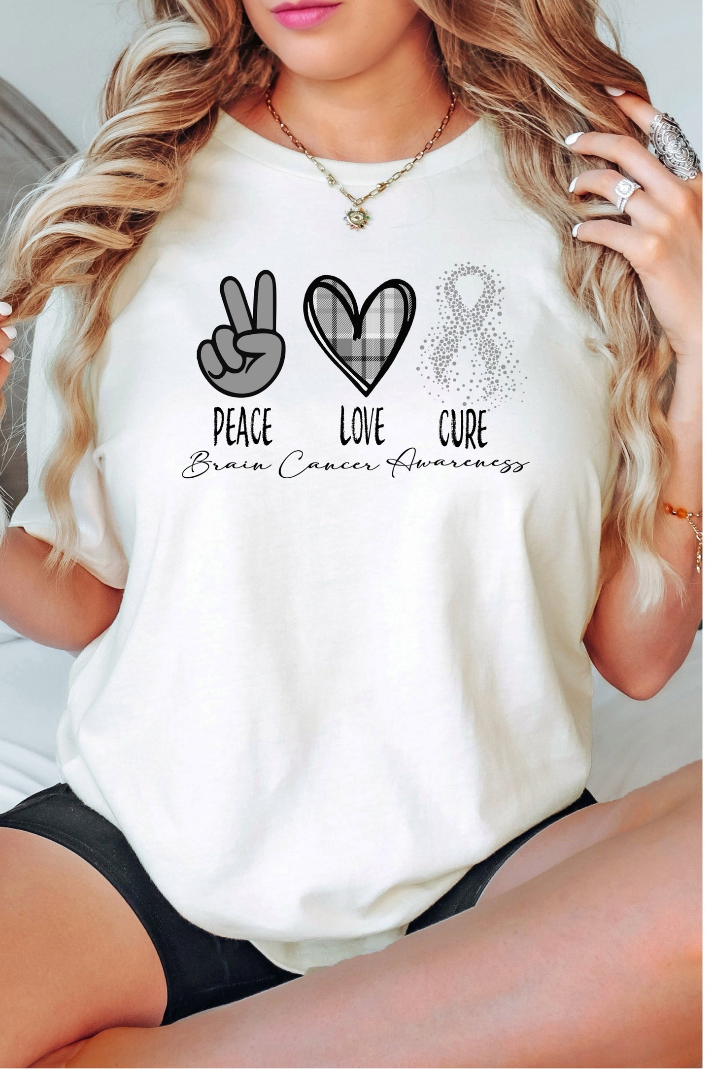 Peace- Love- Cure- Brain Cancer Awareness Premium Short Sleeve Tee